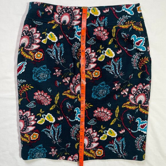 LOFT Blue Teal Floral Pencil Skirt Size 6 Cotton Stretch Lined Side Zip - Picture 9 of 12